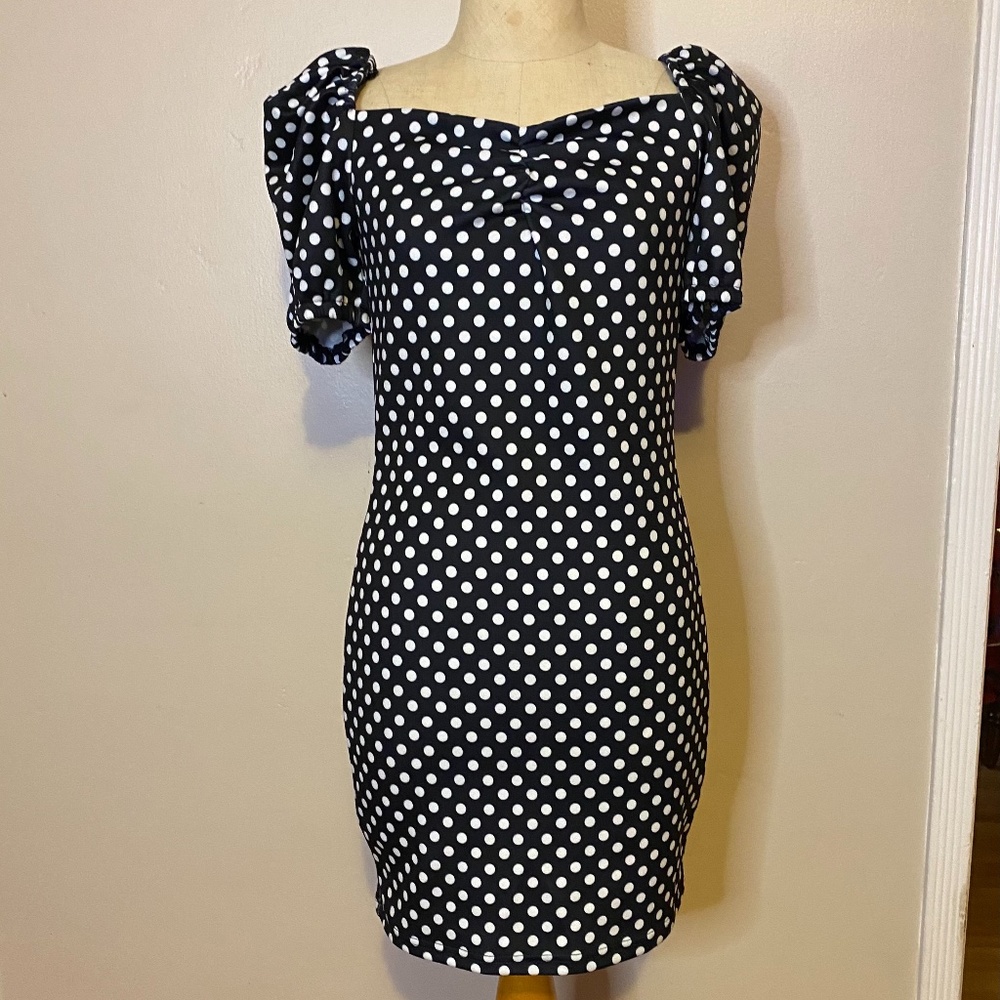 Retro Tight fitting black & white polka dot  dress